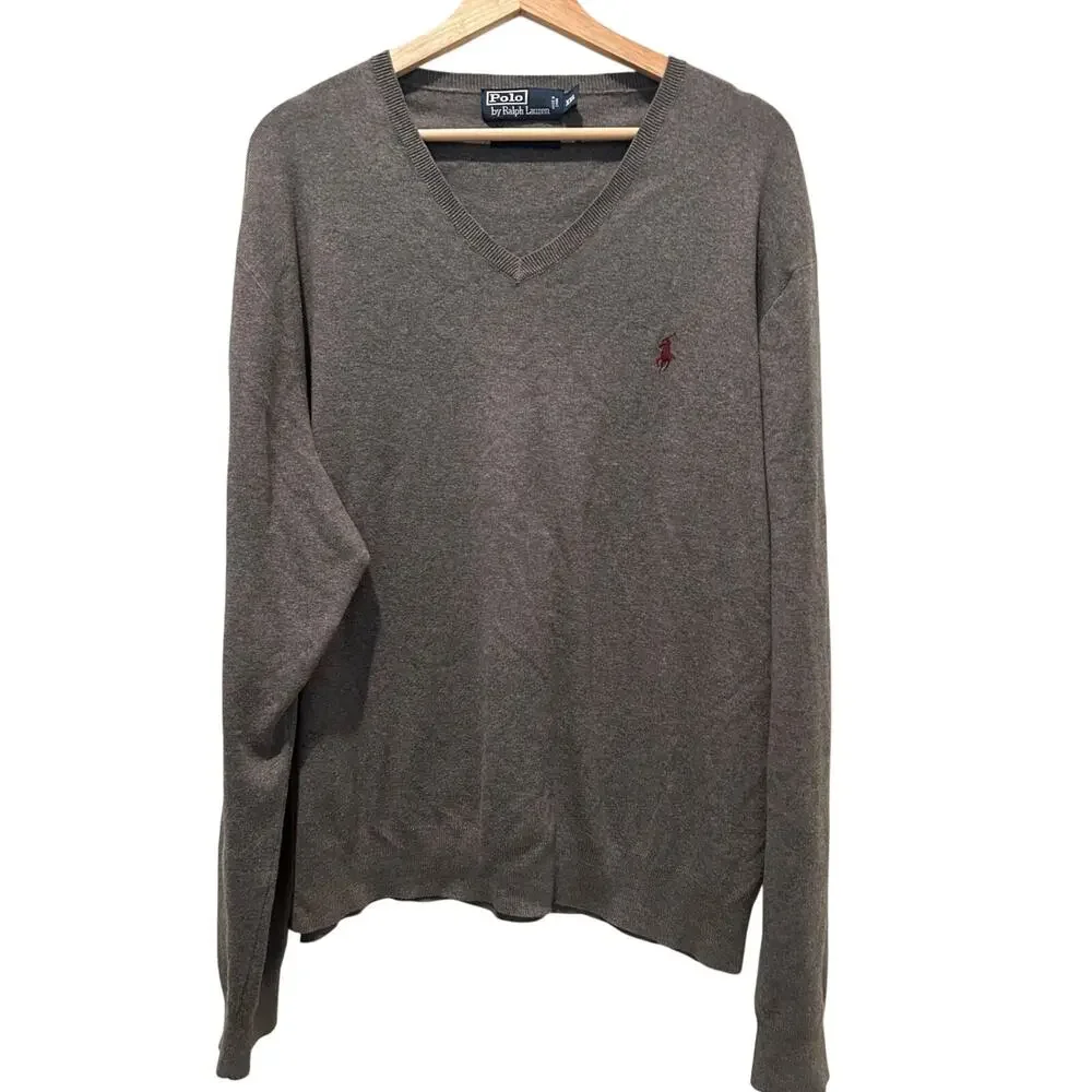 Polo Ralph Lauren Mens Sweater XXL Grey VNeck Pullover Cotton Pony Preppy